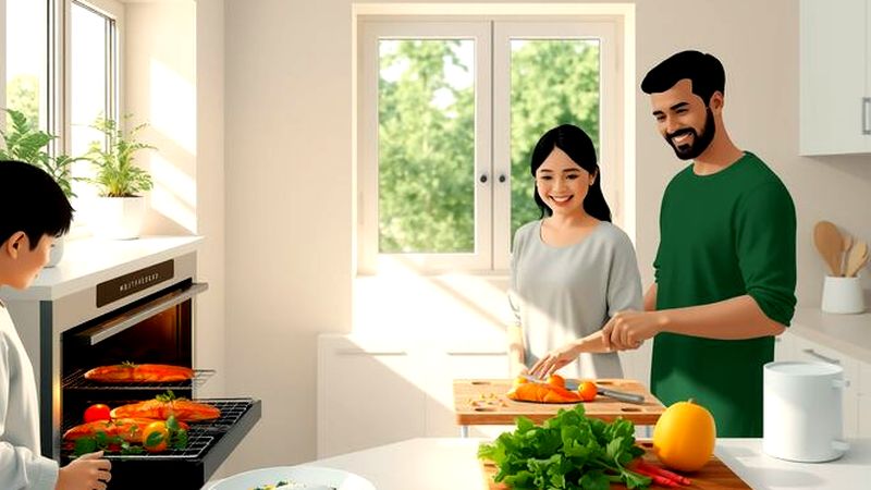 Una familia sonríe preparando una comida serena