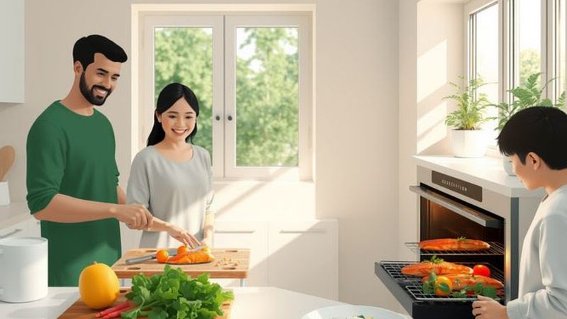 Una familia sonríe preparando una comida serena