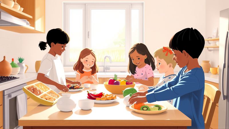 Niños exploran frutas en cocina tranquila
