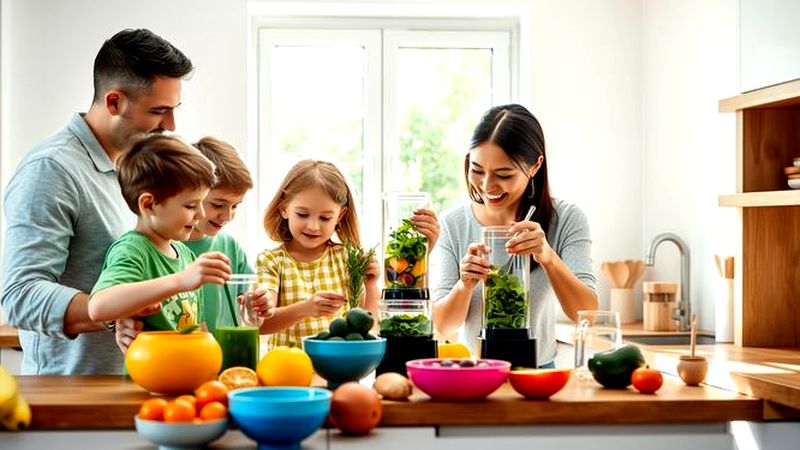 Una familia disfruta preparando alimentos saludables