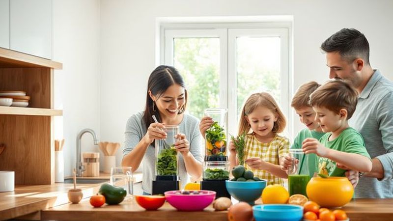 Una familia disfruta preparando alimentos saludables