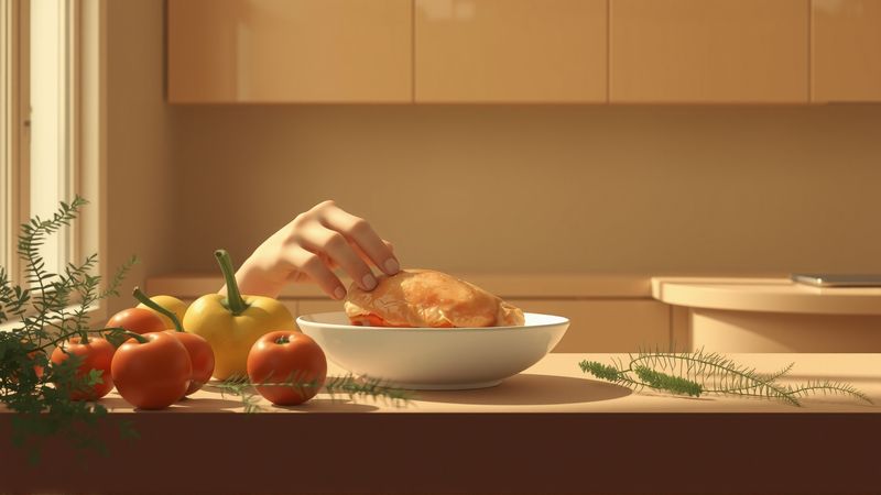 Un gesto atento examina un pollo en calma