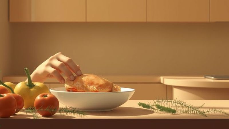 Un gesto atento examina un pollo en calma