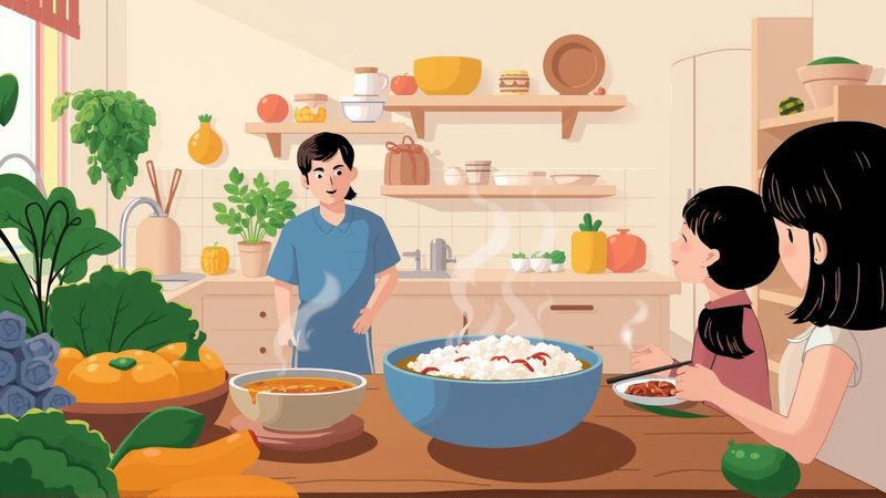 Una cocina acogedora celebra una comida familiar