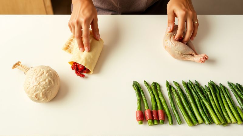 Manos crean cocina apetitosa y organizada