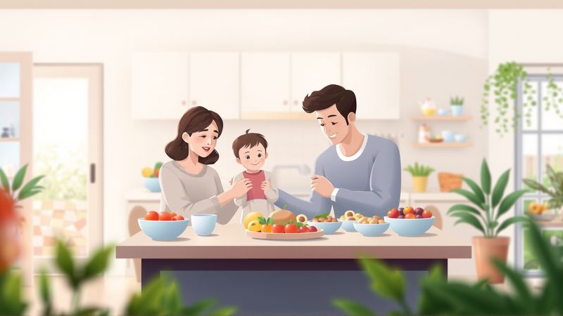 Una familia tranquila en cocina serena