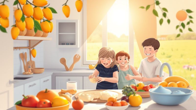 Una familia crea en un jardín soleado