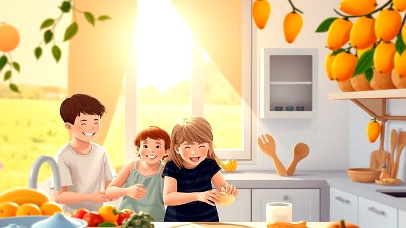 Una familia crea en un jardín soleado