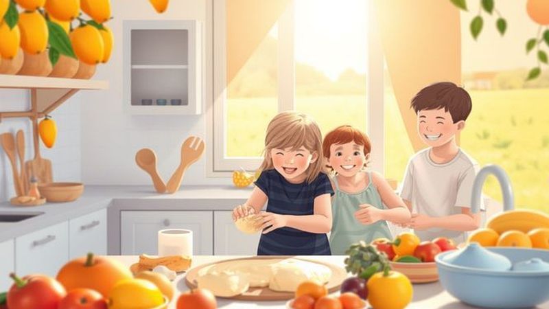 Una familia crea en un jardín soleado