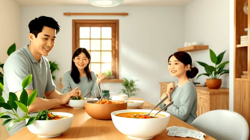 Una familia feliz disfruta de comida en calma