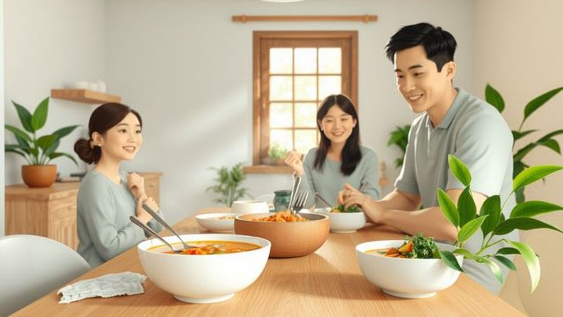 Una familia feliz disfruta de comida en calma